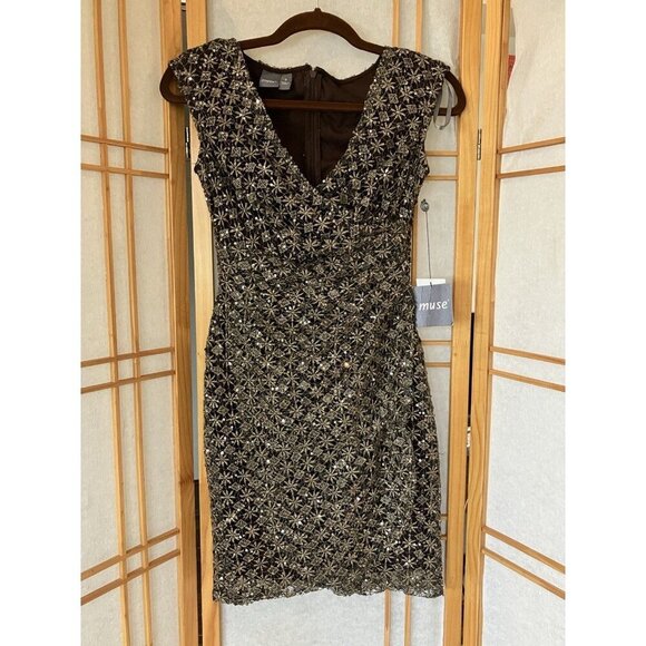 NWT Women’s Muse Brown Sequin V Neck Cocktail Dress Lined Size 0 MSRP $185 - Picture 3 of 13